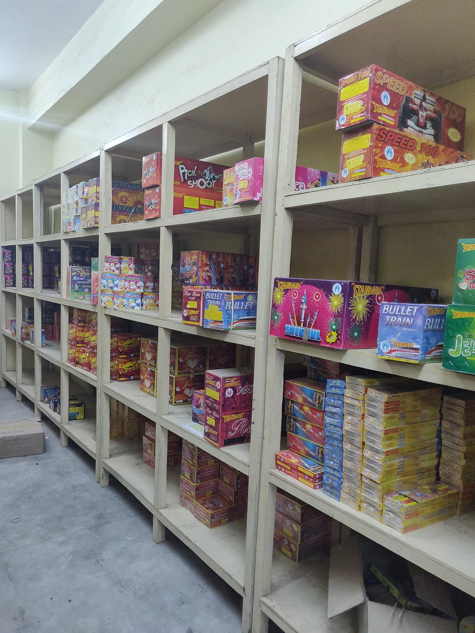Cracker cartons stacked in our Sivakasi godown